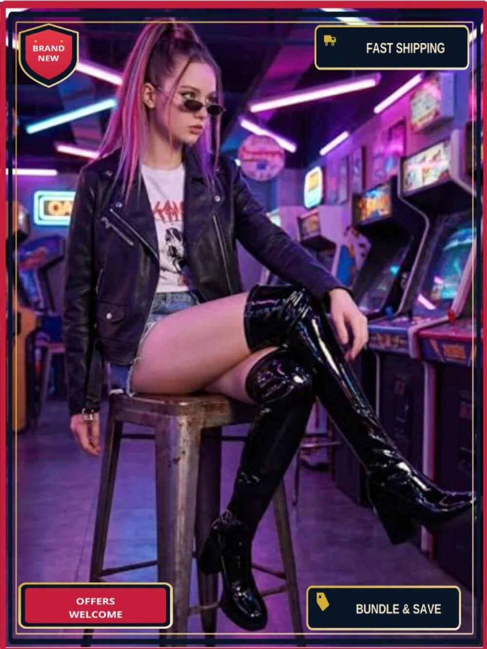 Over the Knee Boots Women Platform Chunky Heel Square Toe Patent Leather PU